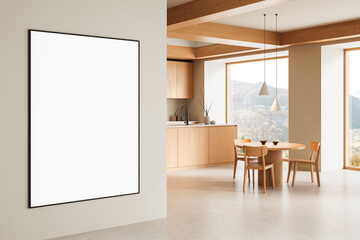 Framed blank poster mockup in modern minimalist kitchen interior with large windows and natural light on beige wall surface. 3D Rendering