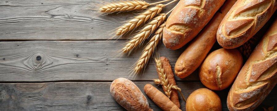 Top view of assorted fresh bread loaves, wheat stems arrangement. Rustic wooden background. Bakery, food craft composition. Ideal for menu, recipe, baking, harvest design.
