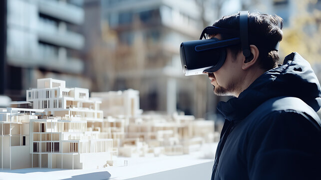 Architect using VR headset to visualize building models