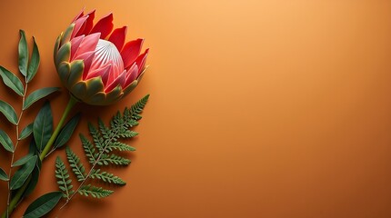 King protea with greenery on earthy canvas, bold natural aesthetic.