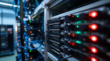 Server Rack with Blinking Lights and Cables in Data Center