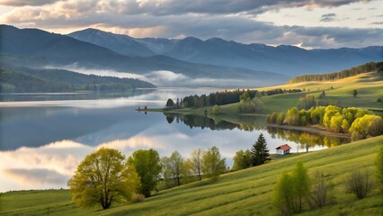 Fototapeta premium Serene Mountain Lake at Sunrise Breathtaking Landscape Photography