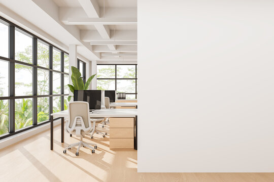 Modern office interior with empty white wall for poster mockup or advertising template in bright space with clean design and natural light exposure. 3D Rendering