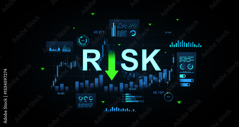 Poster finance risk reduction concept with digital data charts, analytics and glowing green arrow pointing 