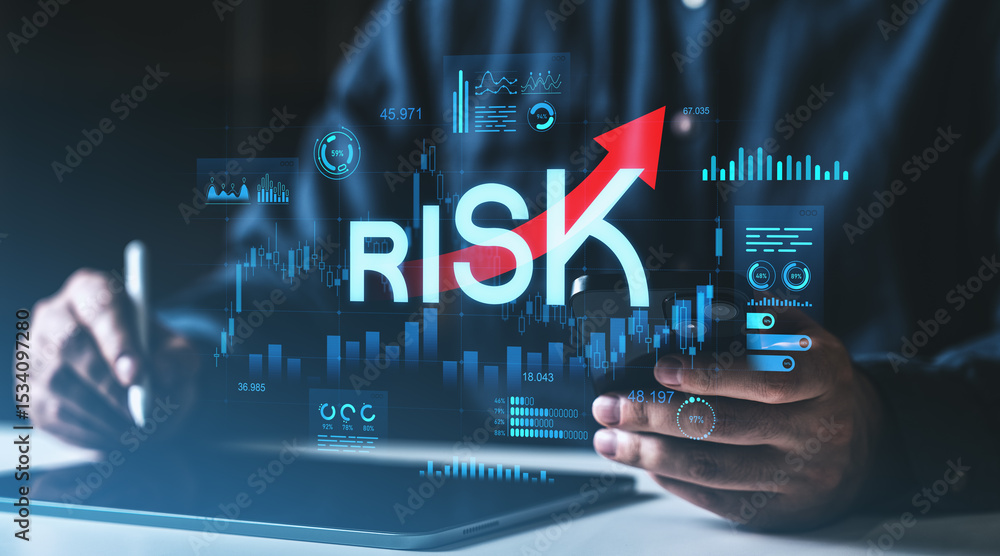 Poster risk analysis and forex trading chart on digital interface background concept.