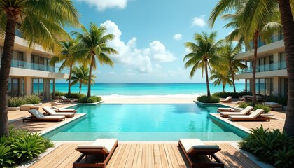 Fototapeta premium Luxury tropical resort with swimming pool. Clear blue sky ocean view. Palm trees surround pool. Relaxing holiday destination with turquoise water and white sand beach. Travel vacation.