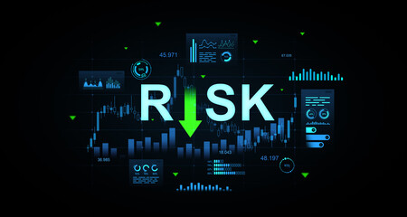 Finance risk reduction concept with digital data charts, analytics and glowing green arrow pointing...