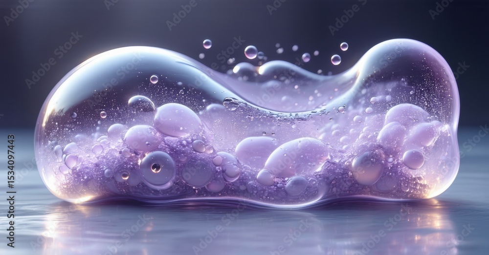 Poster Fluid shape contains numerous bubbles. Light reflects off surface, creating soft glow. Minimalist composition, dark background.