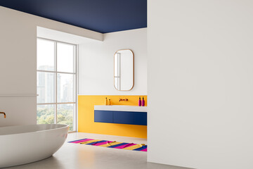 Modern bathroom interior with colorful minimalist design, featuring freestanding tub, yellow accent...