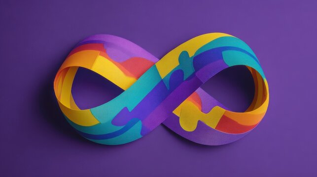 Ultra quality image of autism Acceptance Month, Autism Awareness Day Concept, Rainbow Infinity Loop Symbol for Neurodiversity, ADHD, ASD on Purple Background, Top View Stock Photo.