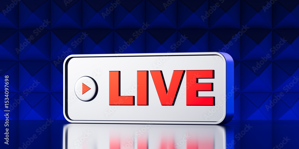 Poster live streaming button icon with play symbol in 3d style on modern blue geometric background represen