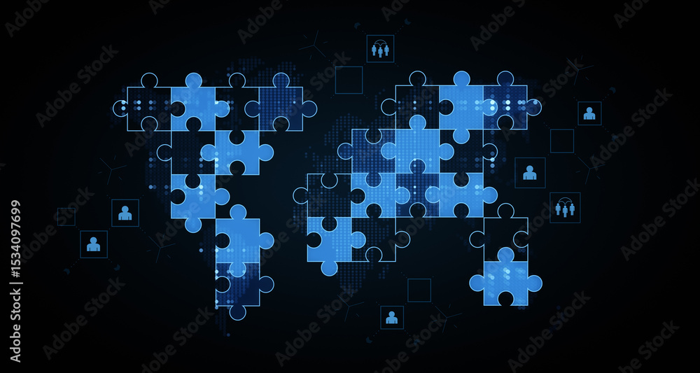 Aufkleber digital puzzle pieces forming a world map with user icons connected across global network, symbolizi