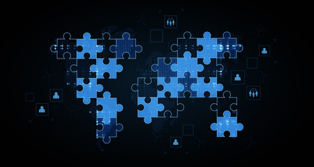 Digital puzzle pieces forming a world map with user icons connected across global network, symbolizing global collaboration and data integration concept. 3D Rendering
