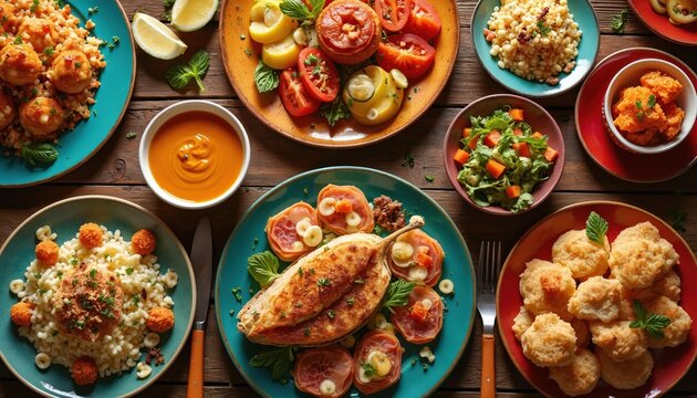 Colorful array tapas dishes, perfect share. Various food plates on rustic wooden table. Mediterranean cuisine, delicious food, dining, party. Ideal for restaurant, cafe, deli. Celebration, festive - Powered by Adobe