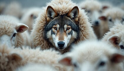 Wolf disguised sheep clothing, surrounded by sheep. Symbolic image of deception, hidden intentions. Predator amidst prey. Concept of illusion. Metaphor of hidden danger in plain sight. Wolf eye shows