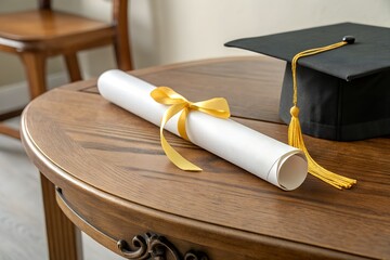 A black graduation cap with a gold diploma scroll and ribbon