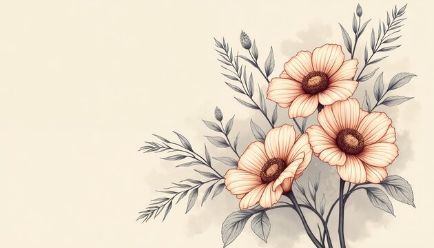 Delicate floral line art for wedding invitations. Watercolor flowers design includes anemones, leaves, branches. Elegant botanical illustration perfect for romantic greeting cards, save date,