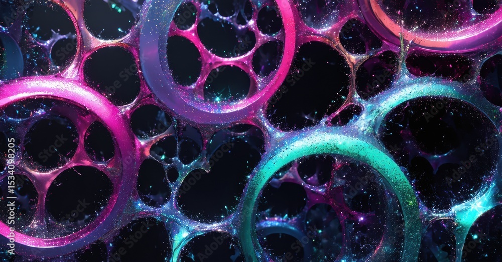 Poster Abstract bubbles, vibrant colors, cosmic patterns. Dark background emphasizes glowing circular forms, creating surreal texture.