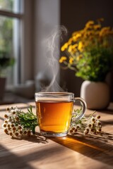A steaming cup of herbal tea placed on a wooden surface