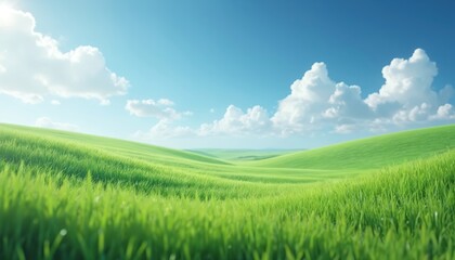 Obraz premium Green grass field with blue sky and white clouds. Sunny day, springtime landscape scenery. Beautiful natural eco environment. Calm rural countryside panorama perfect for wallpaper background.