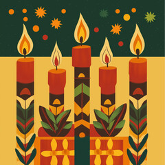 "Artistic Illustration of Kwanzaa Kinara with Lit Candles, Symbolic Leaves, and Colorful Decorations Celebrating African Heritage, Unity, and Cultural Traditions"

