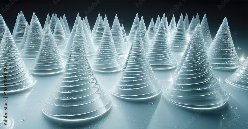 Aufkleber abstract landscape. numerous cone shapes, translucent material, glowing effect. dark background emph