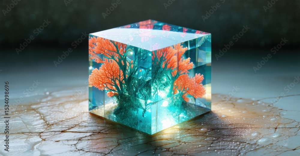 Poster cube contains coral, branches. turquoise resin illuminates scene. cracked surface reflects light, cr