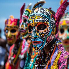"Colorful African Tribal Festival with People Wearing Traditional Masks and Vibrant Attire Celebrating Cultural Heritage Under a Bright Sky"

