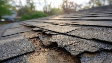 Fototapeta premium Ultra quality image of close-up of damaged asphalt roof shingles showing signs of significant wear and deterioration, with cracked and lifted sections exposing underlying layers.