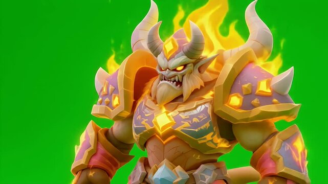 3D Render of a Demon Character with Fiery Armor Isolated on Green Screen Front View for Visual Effects and Gaming Applications