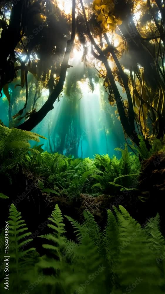 Poster underwater forest with sunbeams filtering through kelp, ferns and lush vegetation creating a serene 