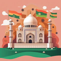 Iconic Taj Mahal with Indian Flags in Artistic Illustration – Vibrant Vector Design of India’s Famous Monument Celebrating Culture, Heritage, and National Pride in a Colorful Digital Style

