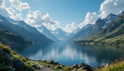 Picturesque mountain lake landscape with blue sky and clouds reflecting on the water