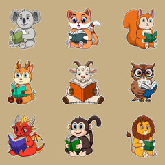 Cute animals read books set