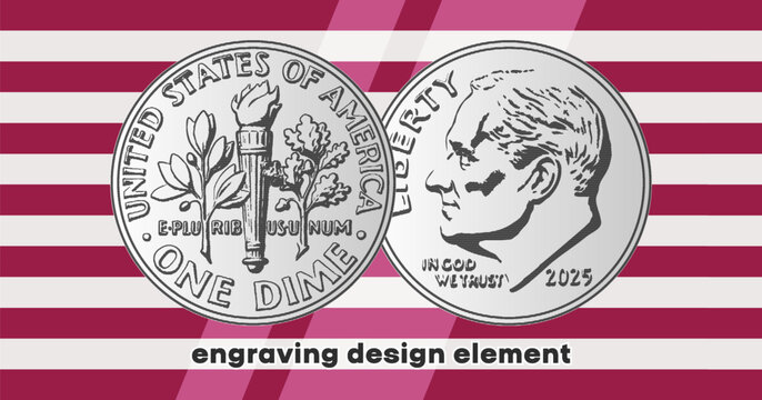 Vector engraving, design elements. US 10 cents. Obverse and reverse of change coin of United States of America. American money. One dime. Sample. Numismatics