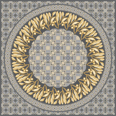 Scarf vector pattern from golden laurel wreath and olive branches on a gray and beige mosaic backdrop