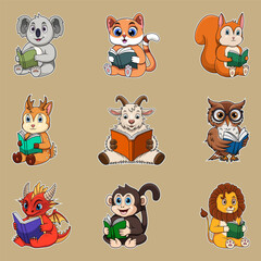 Cute animals read books set vector illustration