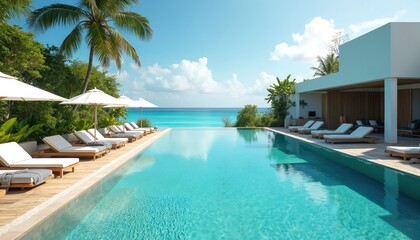 Luxury hotel resort with infinity pool. Seaside vacation, tropical destination. Blue ocean, palm trees, lounge chairs, sunny day. Relaxation, spa, wellness, healing retreat, holiday, travel, tourism.