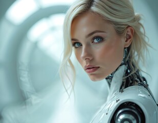 Futuristic android woman with blonde hair, bright blue eyes. Cybernetic enhancements visible on neck, shoulder. Modern digital technology, artificial intelligence, sci-fi concept. Image evokes