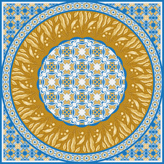 Scarf vector pattern from golden laurel wreath and olive branches on a blue and beige mosaic backdrop