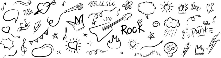 Hand-drawn doodle set with rock and punk themed elements including guitar, microphone, hearts, music notes, lightning bolts, and expressive icons in black and white sketch style.