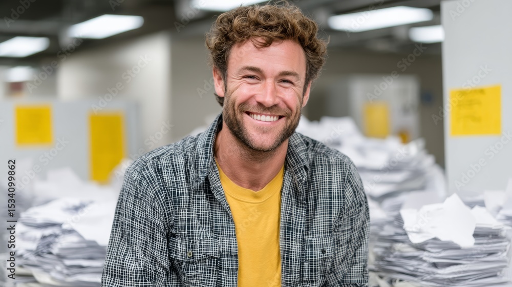 Poster man is smiling and posing for a picture in front of a pile of papers. concept of happiness and conte