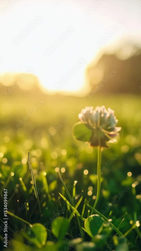Poster close up view of a clover flower with a four-leaf clover and grass in a field during a sunny day, ba