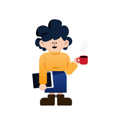 A geometric flat illustration of a freelance woman with a coffee cup and tablet, representing a calm and creative work style.