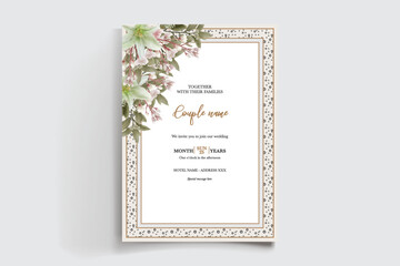 WEDDING INVITATION FRAME WITH FLOWER DECORATIONS AND FRESH LEAVES