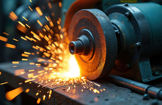 Metalworking with grinding machine, sparks from abrasive tool flying. Process of metal processing, metal cutting, industrial engineering, precision manufacturing. Machinery in workshop, foundry. - Powered by Adobe
