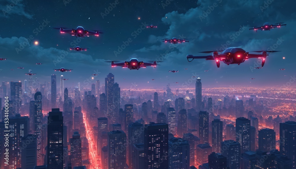 Poster futuristic cityscape at night with ai-driven drones. illustration with integrated data symbols in ni