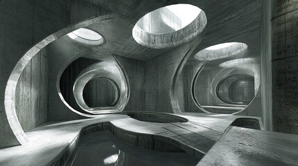 Abstract concrete structure with circular openings, showcasing interplay of light and shadow within a complex, curved interior space