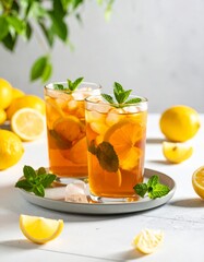 Fototapeta premium Iced lemon tea with mint and lemons on gray plate, soft daylight, fresh and clean summer vibe.