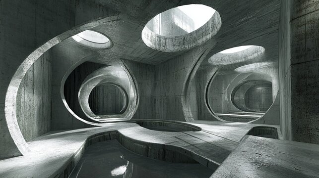 Abstract concrete structure with circular openings, showcasing interplay of light and shadow within a complex, curved interior space